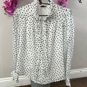 Ann Taylor white/black polka dots long sleeve blouse
